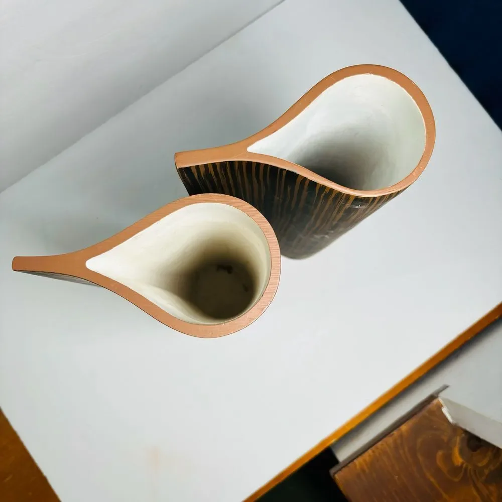 Large Ceramic Resin Wooden Teardrop Flower Display Vases Rustic MCM Mid‎ Century